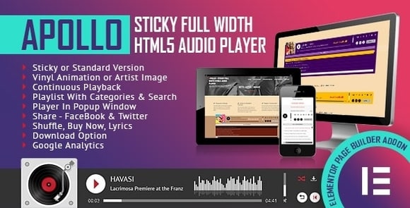 Apollo Sticky Full Width HTML5 Audio Player Elementor Widget Addon Codecanyon