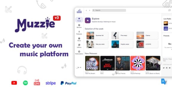 Muzzie Music Podcast and Radio Streaming Platform PHP Script