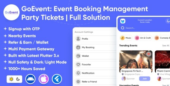 GoEvent v1.2 – Event Booking Management | Event Planner | Ticket Booking | Flutter Full Solution App Source