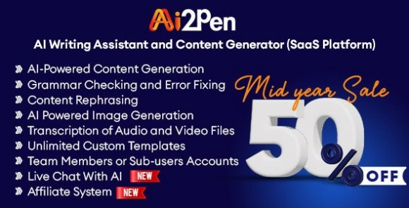 Download #Ai2Pen v3.9 Nulled – AI Writing Assistant and Content Generator (SaaS Platform) PHP Script
