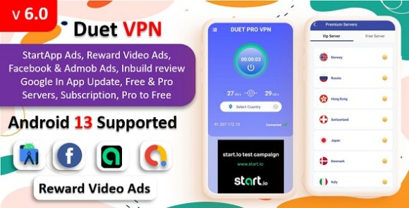 Download #Duet Pro VPN App v6.0 – Secure VPN App & Fast VPN | Subscription | StartApp Ads | Facebook & Admob Ads Source