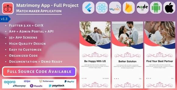 Download #Matrimony App v1.3 – Match Maker | Life Partner – Full Project (Mobile App, Admin Panel, API, Database) Source