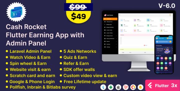 Cash Rocket Flutter Online Earning App with Admin Panel Source