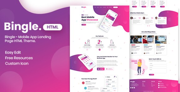 Bingle Mobile App Landing Page HTML Theme